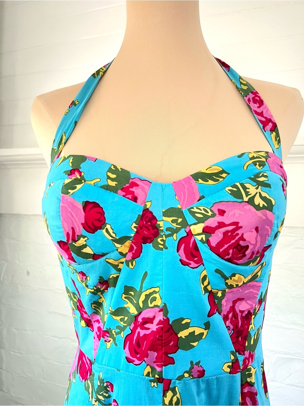 Betsey Johnson Turquoise Blue Floral Cotton Retro Halter Dress Fit And Flare 6 - Picture 8 of 14